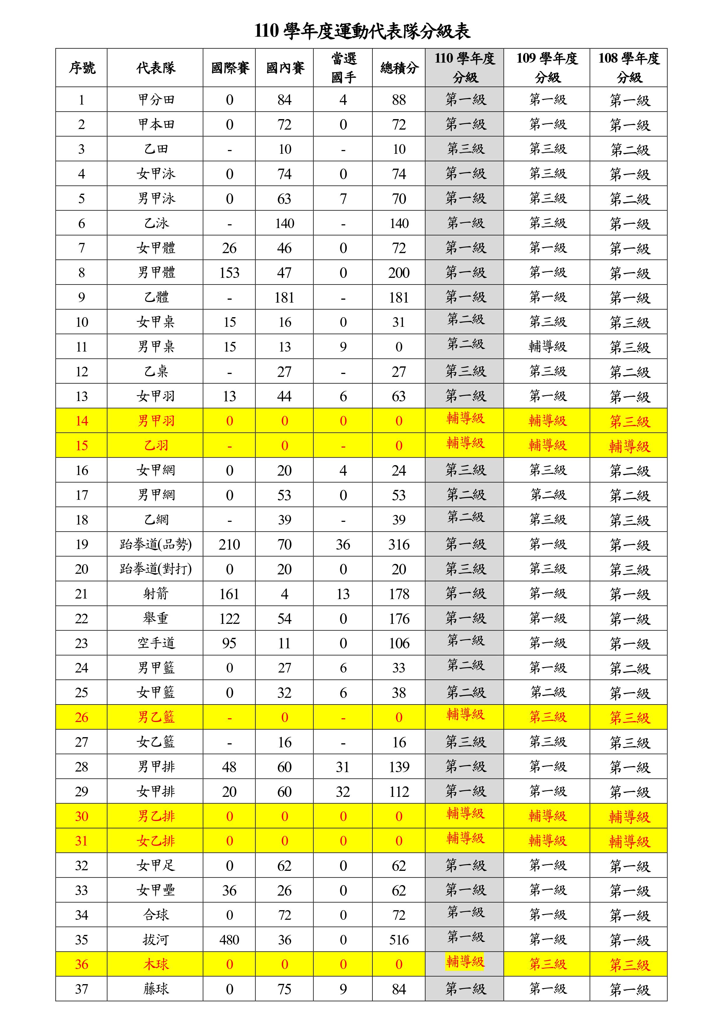 110代表隊分級